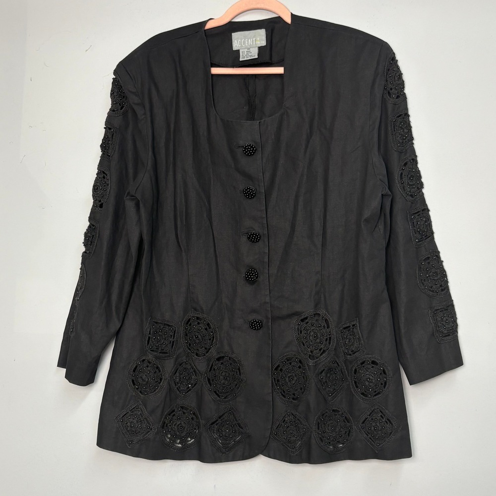 Accent on You Black Ramie Cotton Beaded Crochet Applique Jacket Plus Size 20W